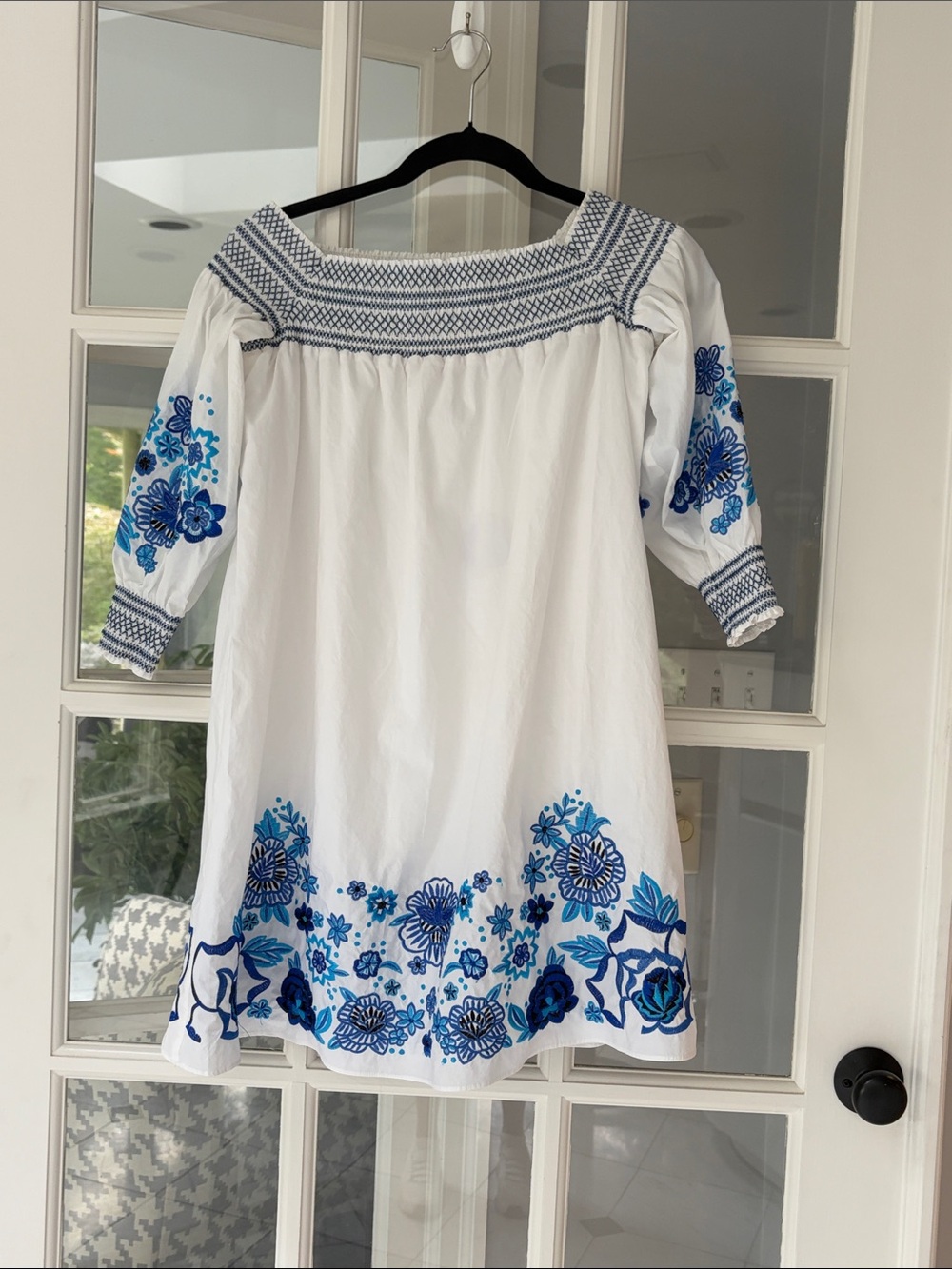 Parker Jace Cotton Poplin Blue Floral Embroidered Smocked Off Shoulder Dress M